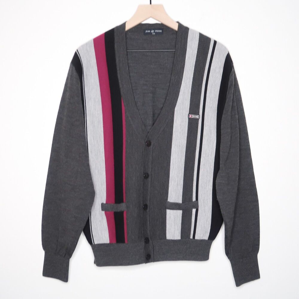 Jean Pierre VTG Mens Cardigan Large Gray Purple Wool Blend Academia‎ Grandpacore